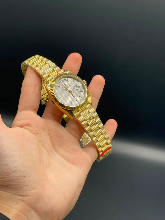 Rlx Golden Presidential Chain With White Textured Day-Date Dial Automatic Watch