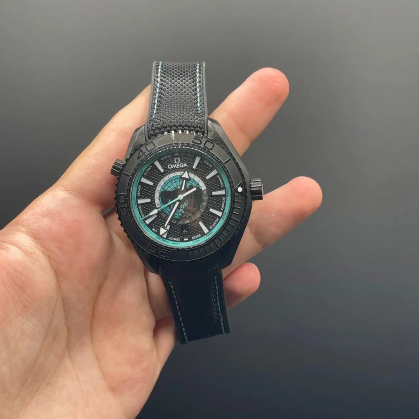 OM Black Strap With Black Planet Dial And Rotatable Bezel Automatic Watch
