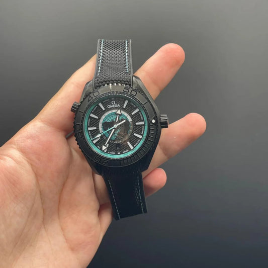 OM Black Strap With Black Planet Dial And Rotatable Bezel Automatic Watch