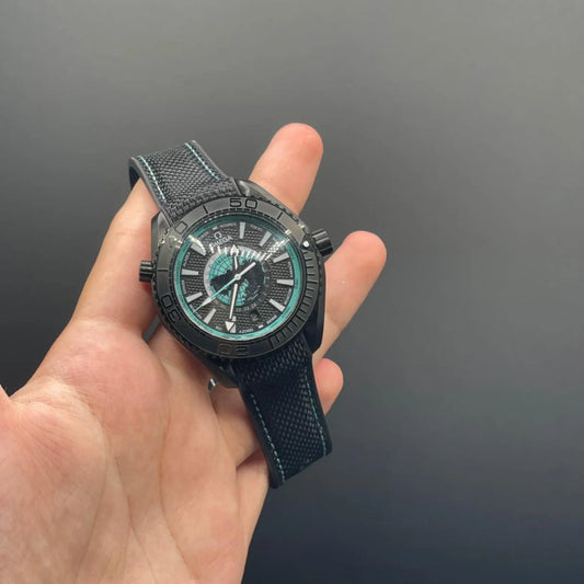OM Black Strap With Black Planet Dial And Rotatable Bezel Automatic Watch