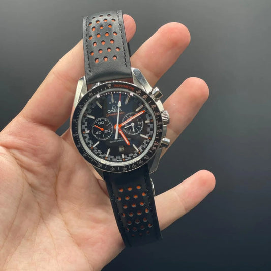 OM Black And Orange Strap With Black Chronograph Dial Automatic Watch