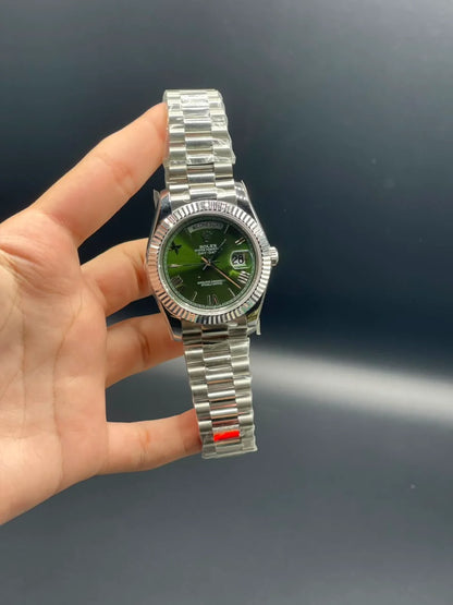 Rlx Silver Presidential Chain With Olive Green Day-Date Dial Automatic Watch