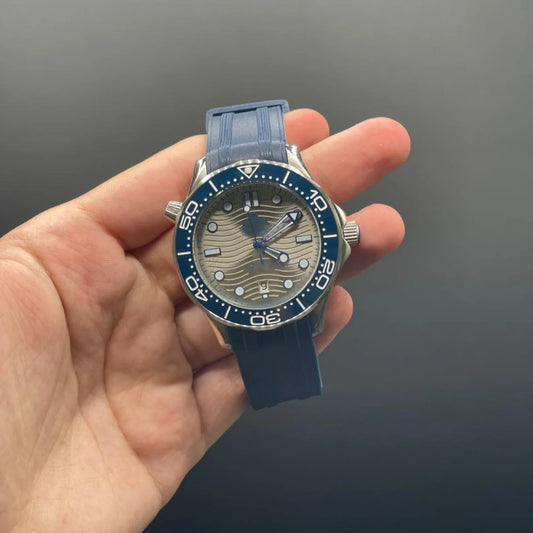 OM Blue Strap With Gray Dial And Blue Rotatable Bezel Automatic Watch
