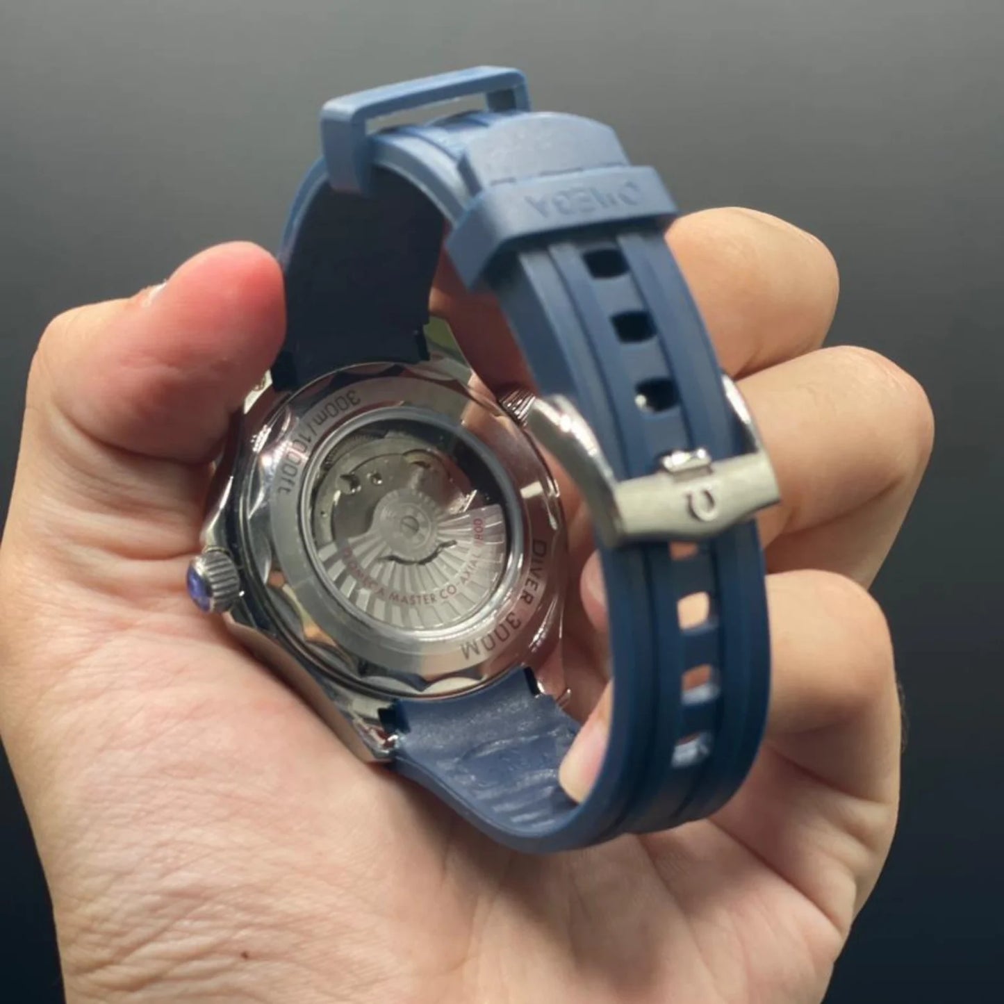 OM Blue Strap With Gray Dial And Blue Rotatable Bezel Automatic Watch