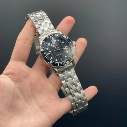 OM Silver Chain With Black Dial And Black Rotatable Bezel Automatic Watch