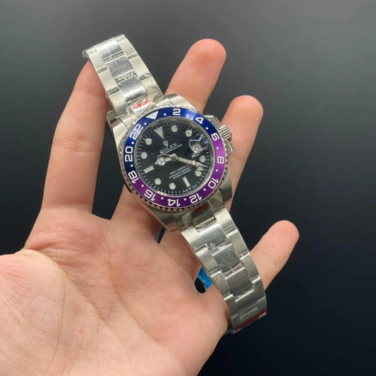 RLX Silver Oyster Chain With Black Dial Amethyst Style Automatic Watch