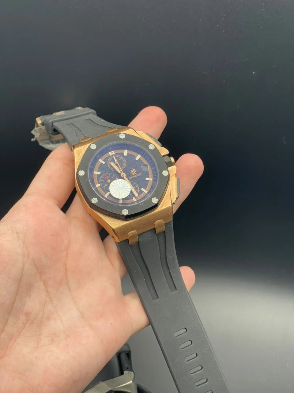 AP Black Strap With Black And Rose Gold Chronograph Dial Quartz Watch