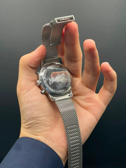 BRT Silver Mesh Chain With White Chronograph Dial Quartz Watch