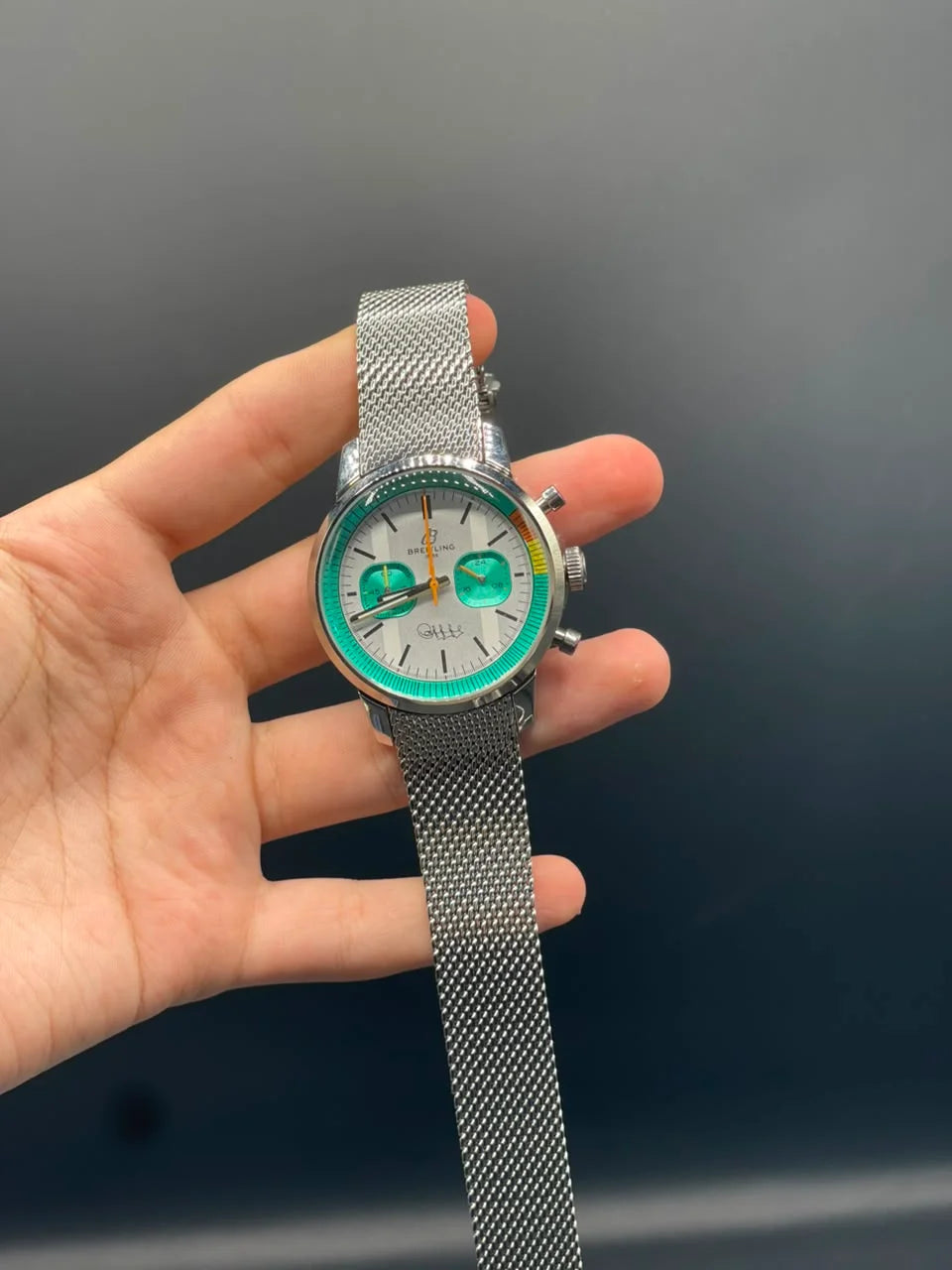 BRT Silver Mesh Chain With White Chronograph Dial Quartz Watch
