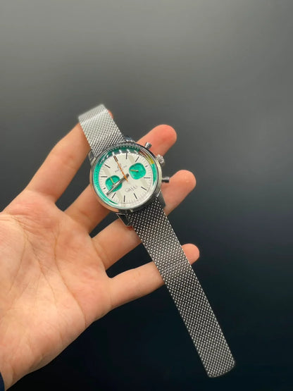 BRT Silver Mesh Chain With White Chronograph Dial Quartz Watch
