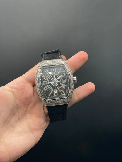 FM Black Strap With Black Diamond Dial With Diamond Bezel Automatic Watch