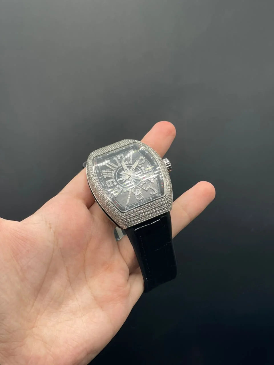 FM Black Strap With Black Diamond Dial With Diamond Bezel Automatic Watch