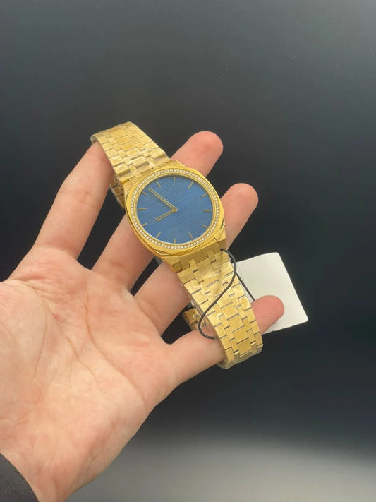 GCCI Golden Chain With Slim Blue Dial And Diamond Bezel Quartz Watch