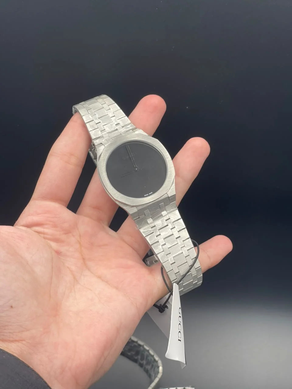 GCCI Silver Chain With Slim Black Dial Quartz Watch