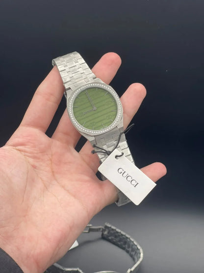 GCCI Silver Chain With Slim Green Dial And Diamond Bezel Quartz Watch