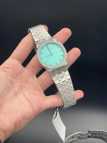 GCCI Silver Chain With Slim Tiffany Blue Dial And Diamond Bezel Quartz Watch