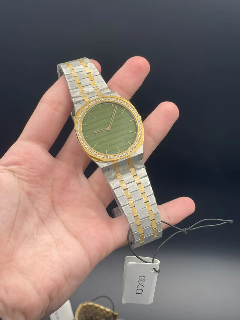 GCCI Two Tone Chain With Slim Green Dial And Diamond Bezel Quartz Watch