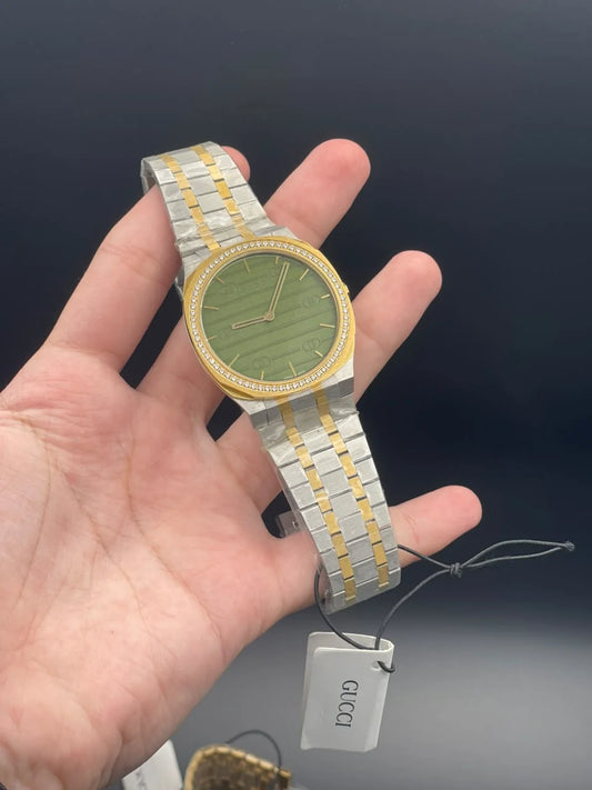 GCCI Two Tone Chain With Slim Green Dial And Diamond Bezel Quartz Watch