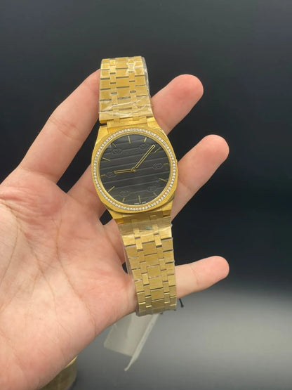 GCCI Golden Chain With Slim Black Dial And Diamond Bezel Quartz Watch