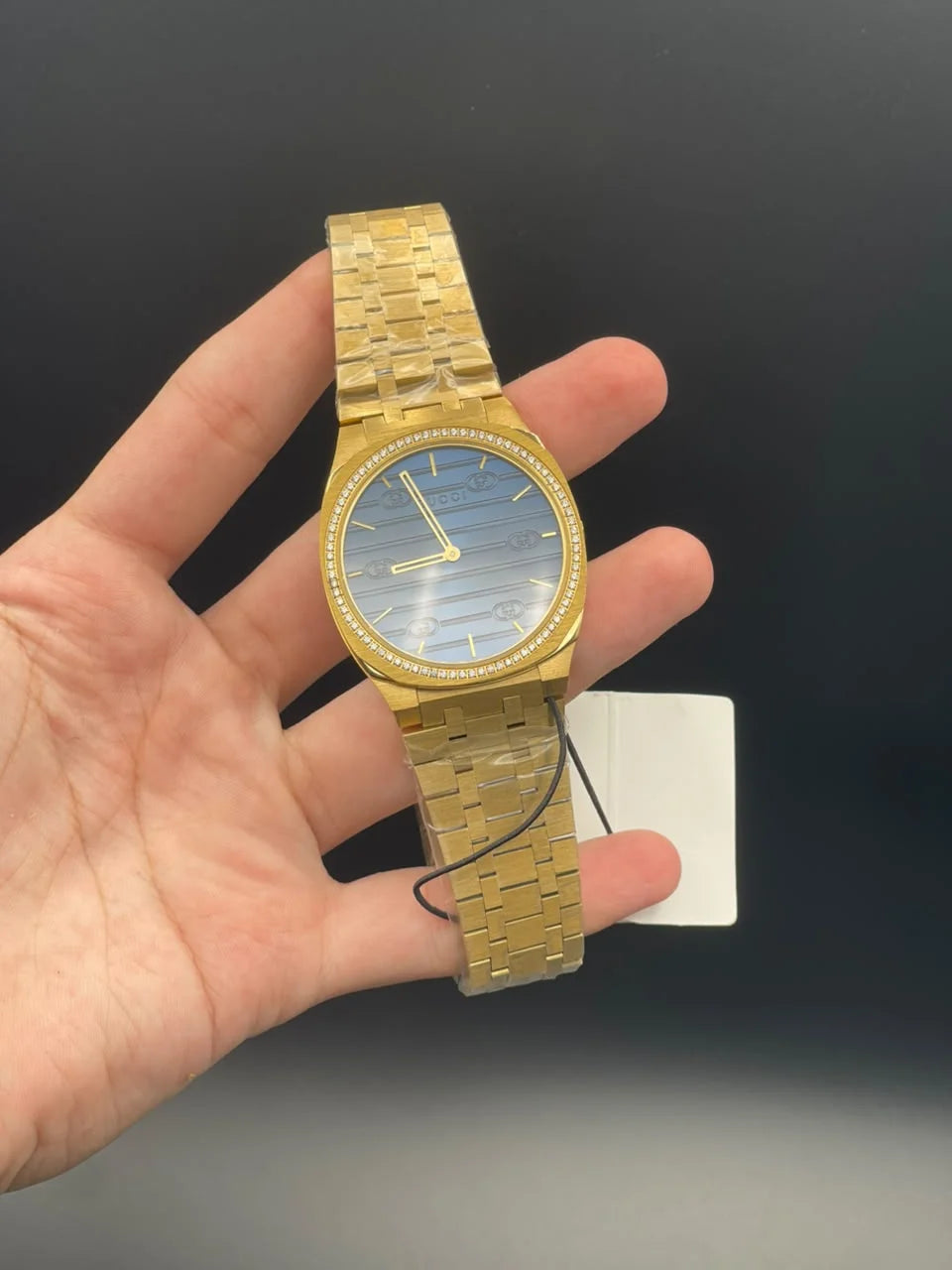 GCCI Golden Chain With Slim Blue Dial And Diamond Bezel Quartz Watch