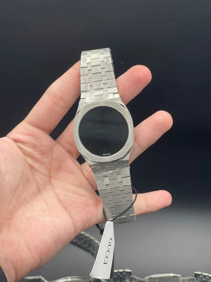GCCI Silver Chain With Slim Black Dial Quartz Watch