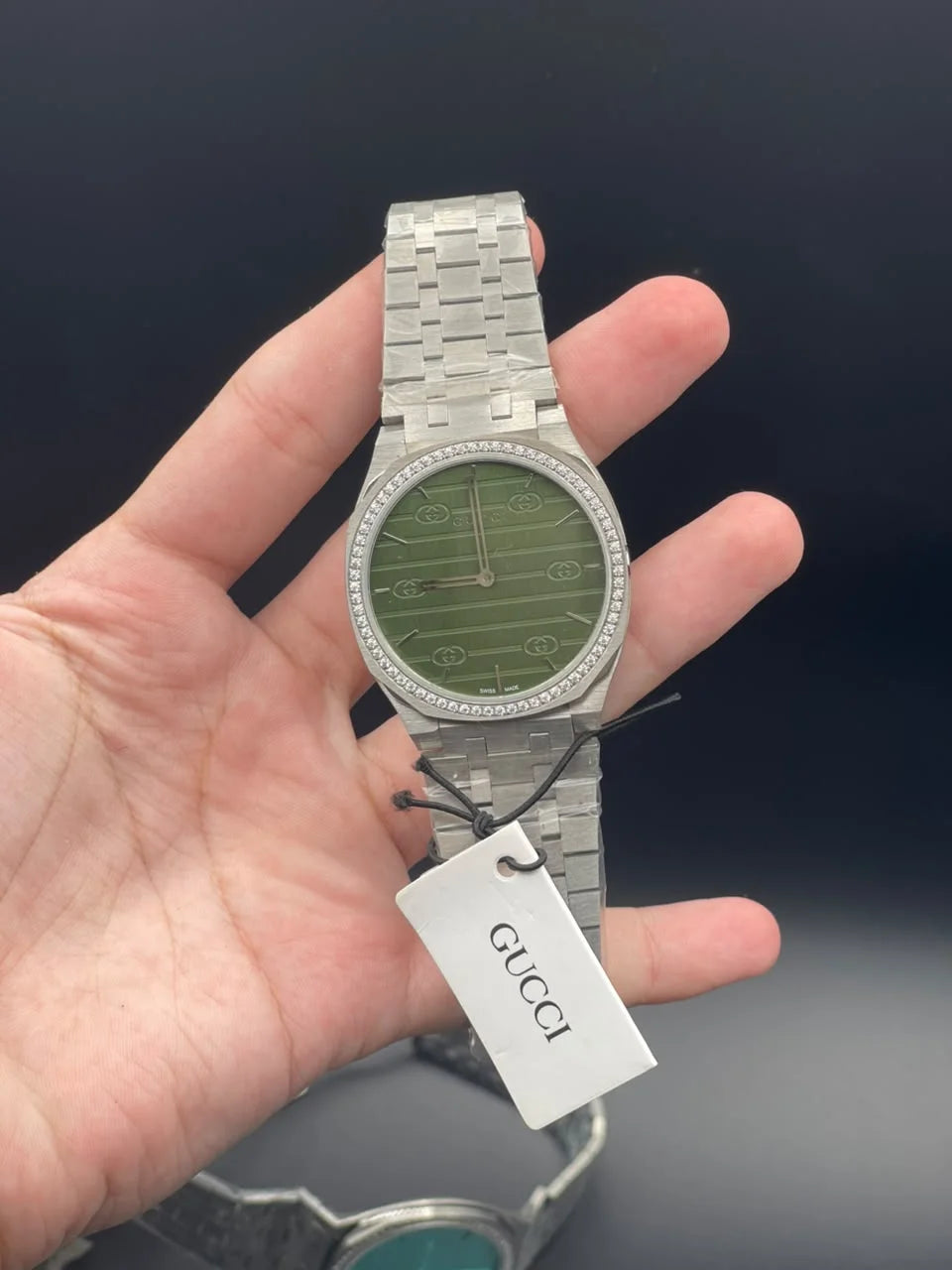 GCCI Silver Chain With Slim Green Dial And Diamond Bezel Quartz Watch