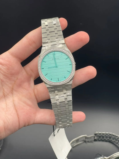 GCCI Silver Chain With Slim Tiffany Blue Dial And Diamond Bezel Quartz Watch
