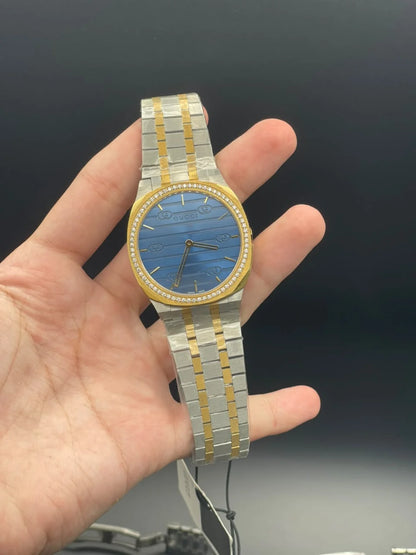 GCCI Two Tone Chain With Slim Blue Dial And Diamond Bezel Quartz Watch