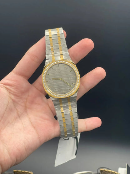 GCCI Two Tone Chain With Slim Gray Dial And Diamond Bezel Quartz Watch