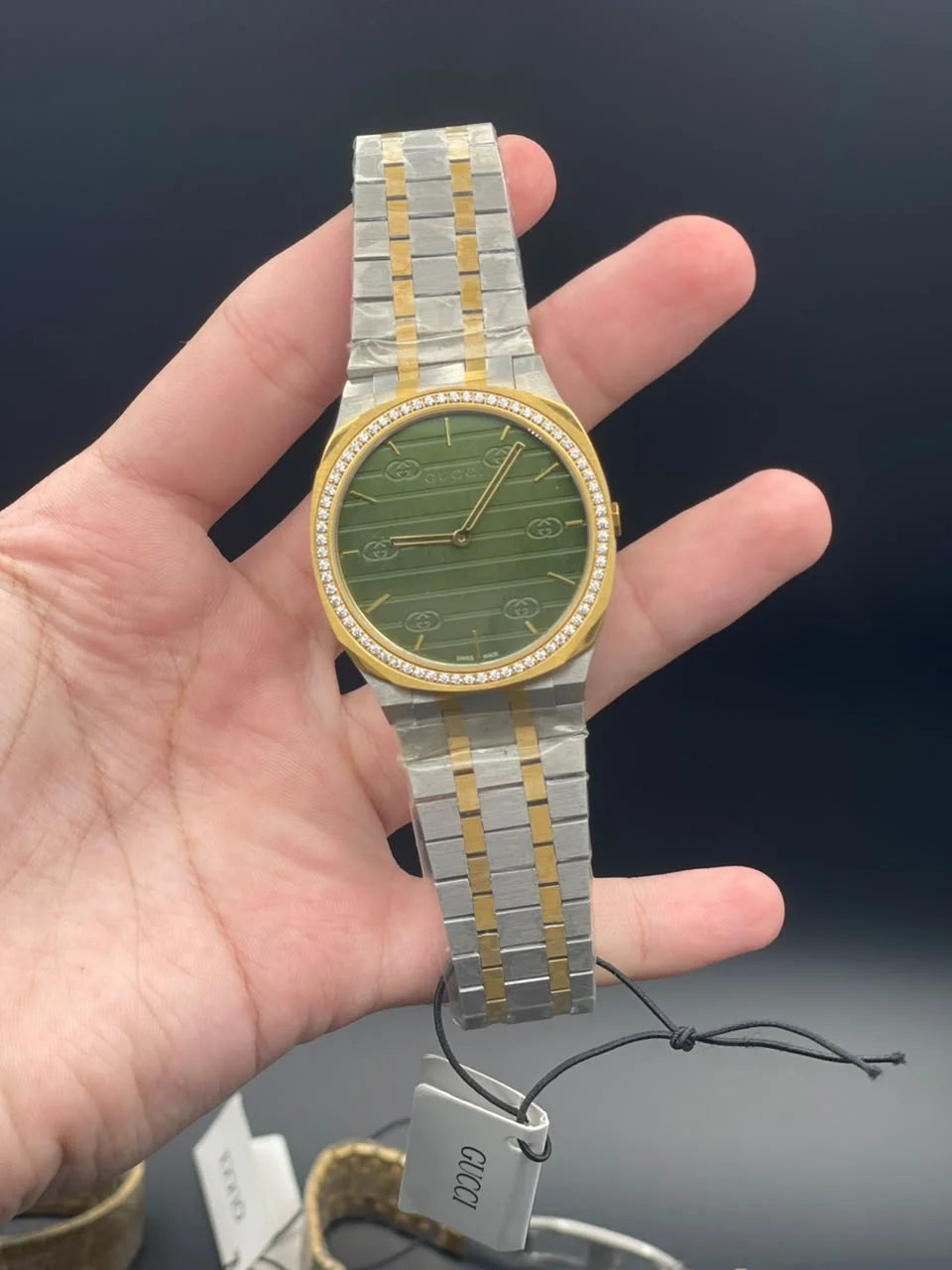 GCCI Two Tone Chain With Slim Green Dial And Diamond Bezel Quartz Watch