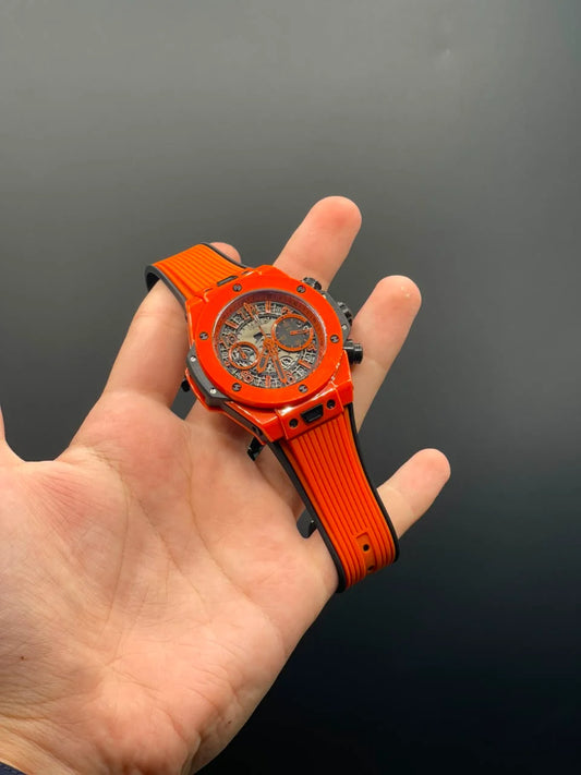 HB Orange Strap With Orange Textured Chronograph Dial Automatic Watch