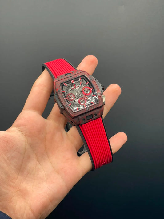 HB Red Strap With Black Textured Chronograph Dial Automatic Watch