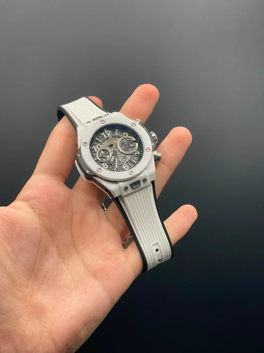 HB White Strap With White Textured Chronograph Dial Automatic Watch