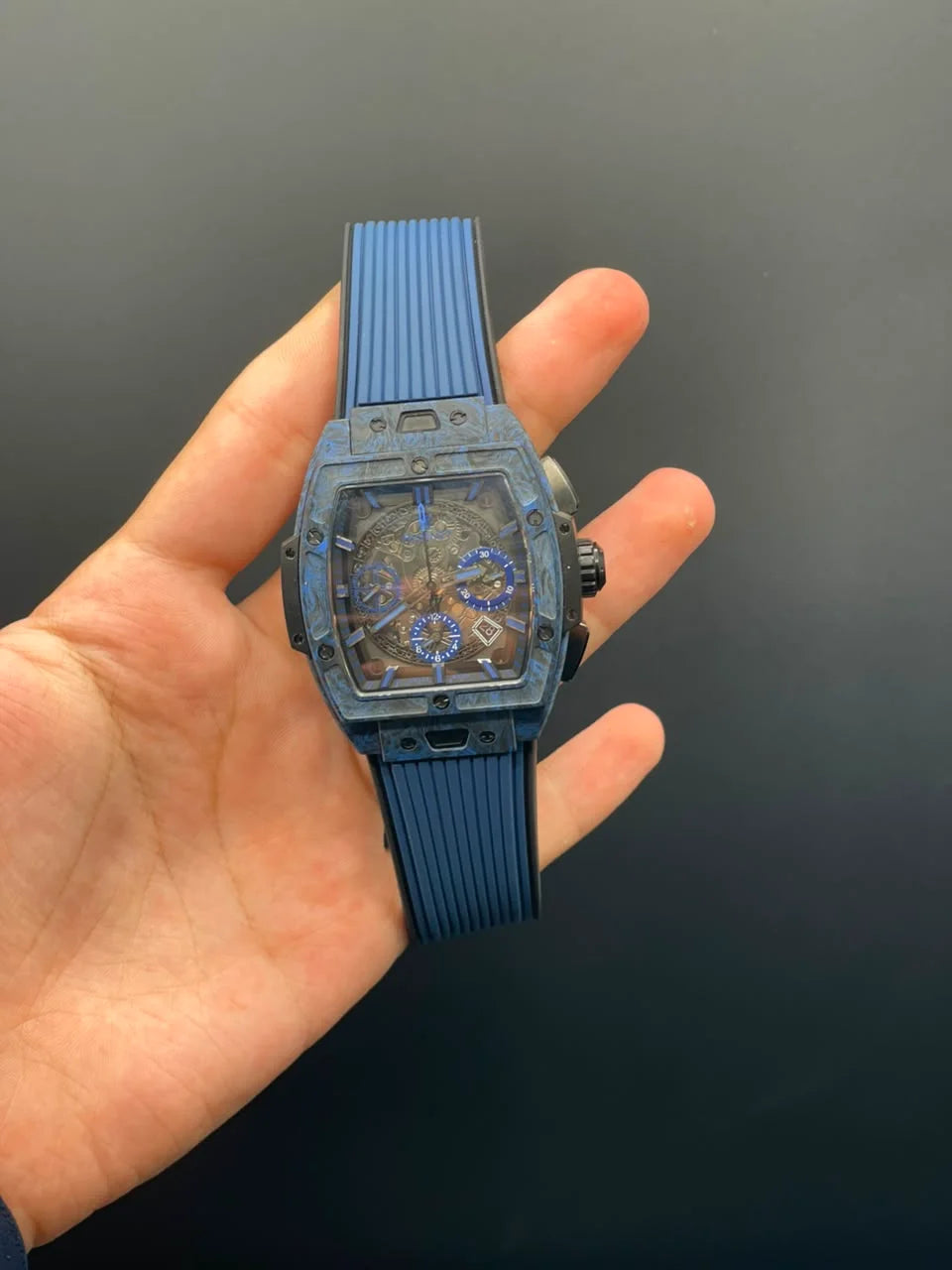 HB Blue Strap With Black Textured Chronograph Dial Automatic Watch