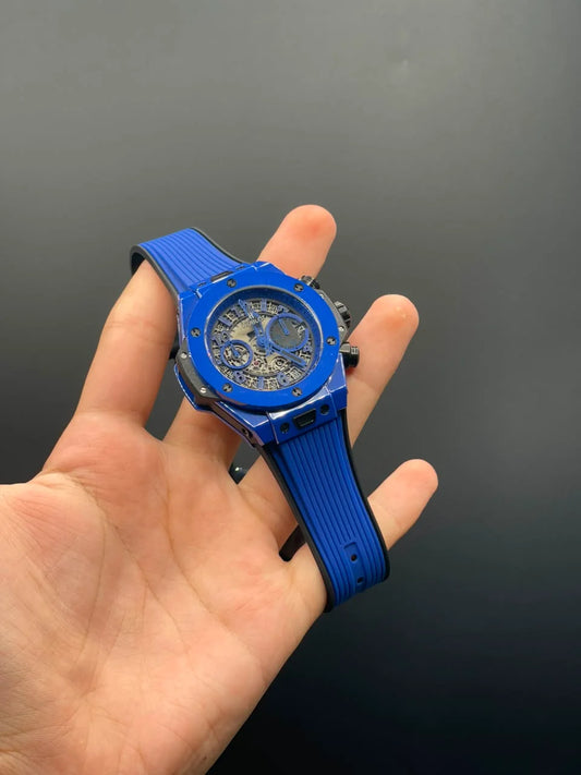 HB Blue Strap With Blue Textured Chronograph Dial Automatic Watch