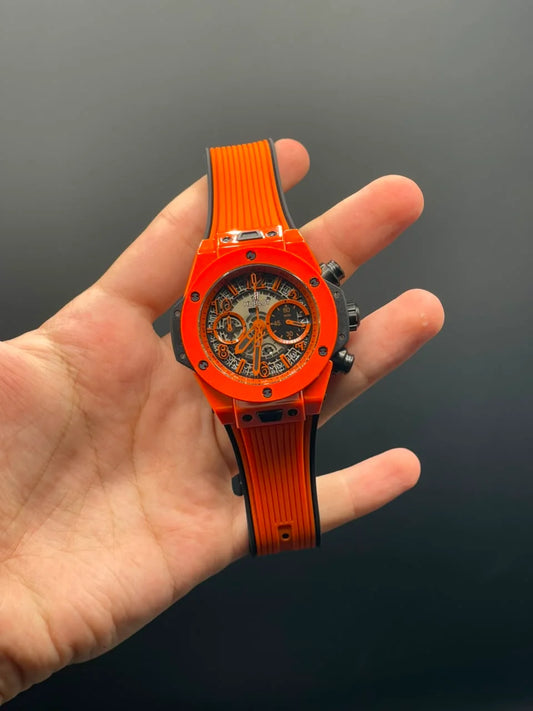HB Orange Strap With Orange Textured Chronograph Dial Automatic Watch