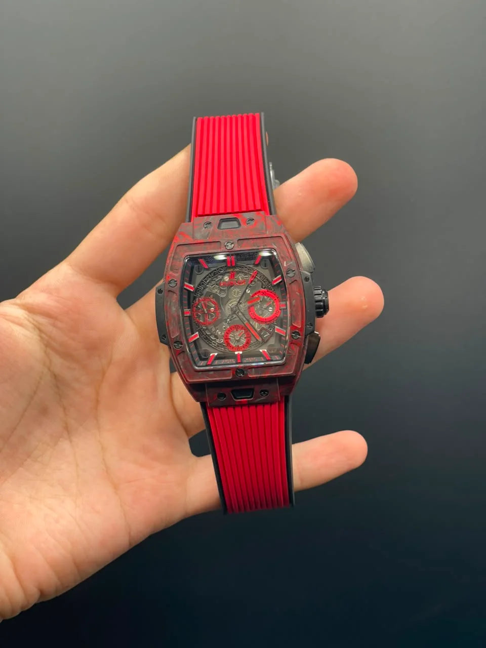 HB Red Strap With Black Textured Chronograph Dial Automatic Watch