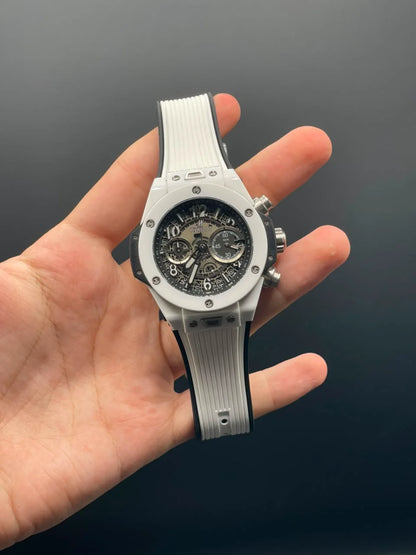 HB White Strap With White Textured Chronograph Dial Automatic Watch