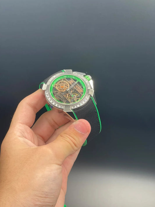 Jacob Black Strap With Black And Golden CR7 Dial With Diamond Bezel Automatic Watch