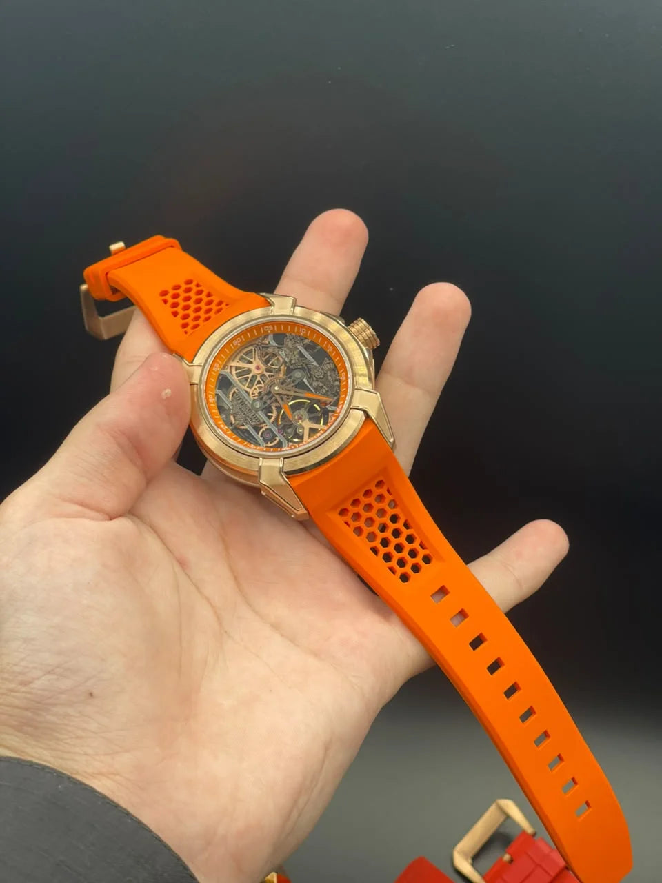 Jacob Orange Strap With Orange And Black Hindu Dial And Gold Bezel Automatic Watch