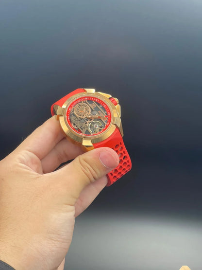 Jacob Red Strap With Black And Golden CR7 Dial And Gold Bezel Automatic Watch