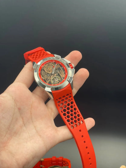 Jacob Red Strap With Black And Golden CR7 Dial And Silver Bezel Automatic Watch