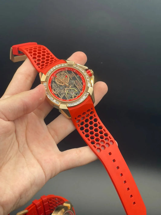 Jacob Red Strap With Red And Golden CR7 Dial And Diamond Bezel Automatic Watch