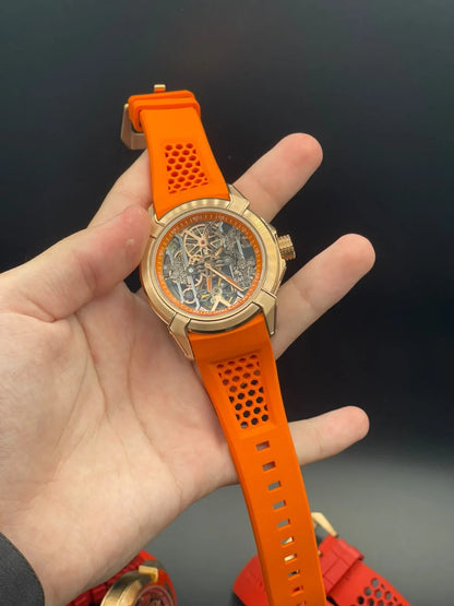 Jacob Orange Strap With Orange And Black Hindu Dial And Gold Bezel Automatic Watch