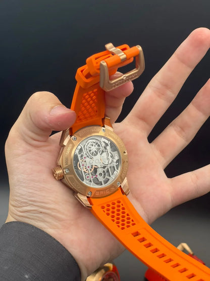 Jacob Orange Strap With Orange And Black Hindu Dial And Gold Bezel Automatic Watch