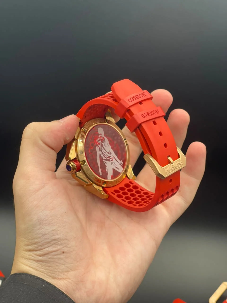 Jacob Red Strap With Black And Golden CR7 Dial And Gold Bezel Automatic Watch