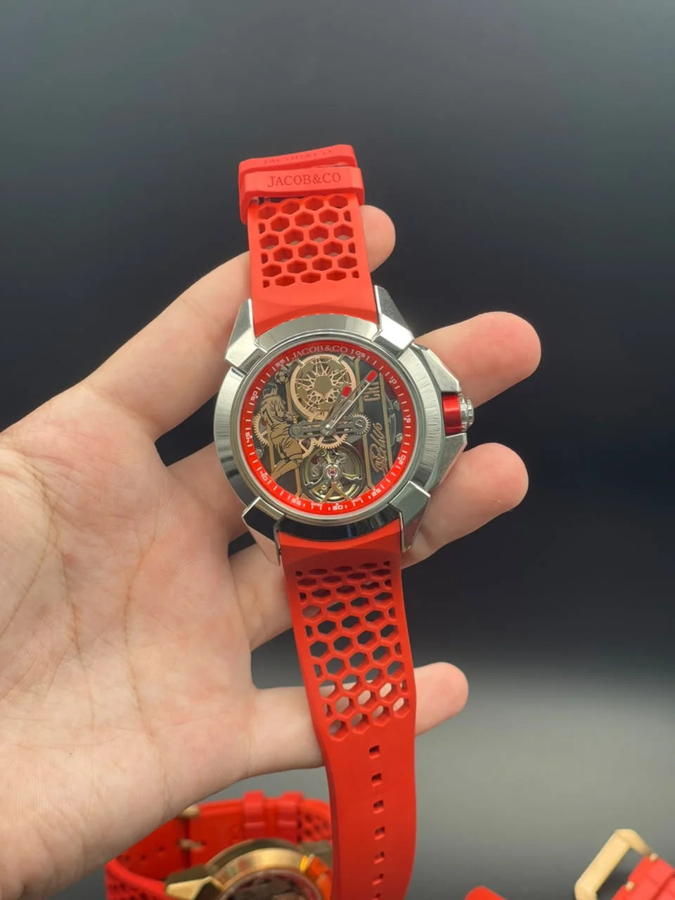 Jacob Red Strap With Black And Golden CR7 Dial And Silver Bezel Automatic Watch