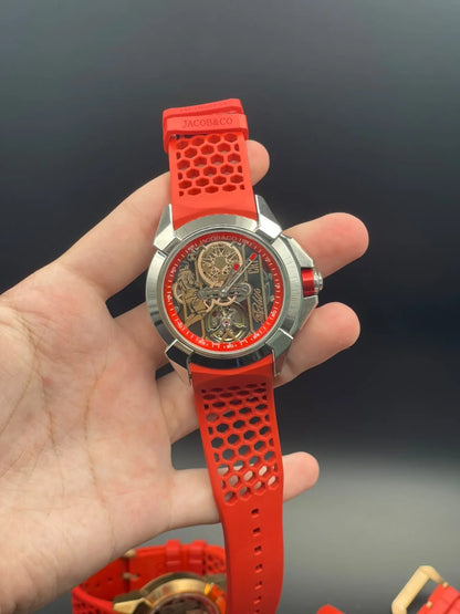 Jacob Red Strap With Black And Golden CR7 Dial And Silver Bezel Automatic Watch
