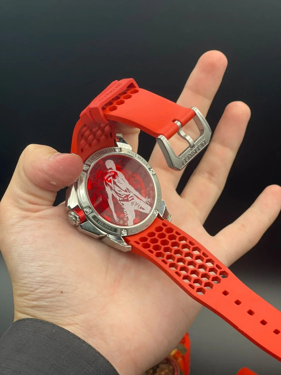 Jacob Red Strap With Black And Golden CR7 Dial And Silver Bezel Automatic Watch