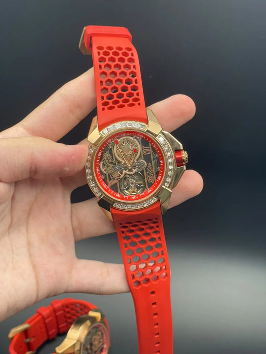 Jacob Red Strap With Red And Golden CR7 Dial And Diamond Bezel Automatic Watch